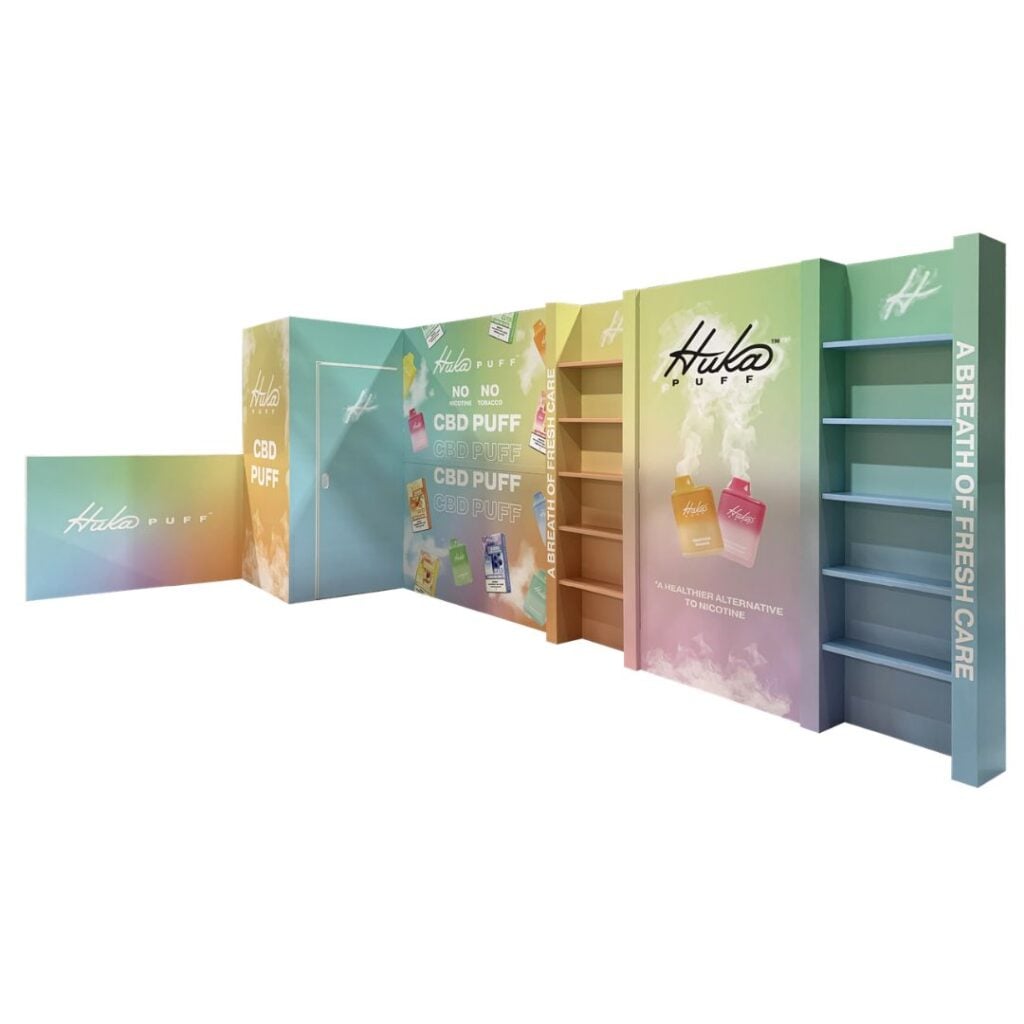 10' x 20' Corner booth with storage and shelves ODTS20-002